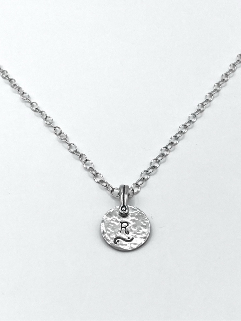 Antiqued Hand Stamped Initial R Pendant Charm .925 Sterling Silver 18” Necklace